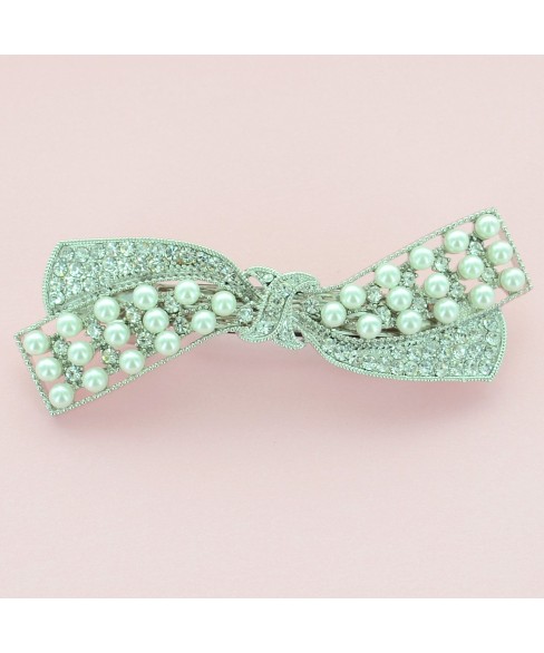 Sparkling Crystal Faux Pearl Bow Barrette