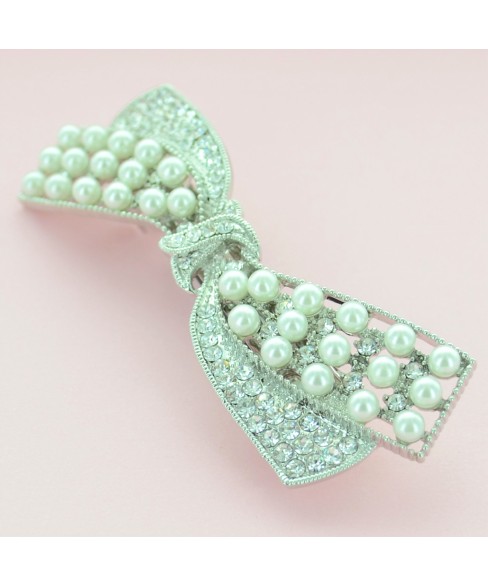 Sparkling Crystal Faux Pearl Bow Barrette