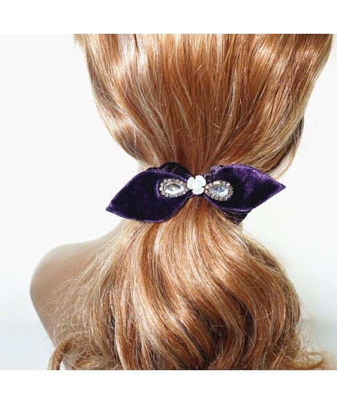 Silk Like Velvet Crystal Bow Ponytail Holder