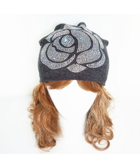 Double Layer Crystal Flower Beanie