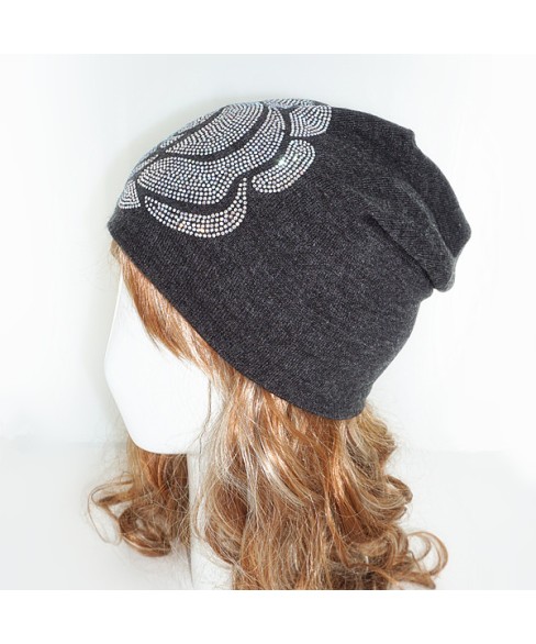 Double Layer Crystal Flower Beanie