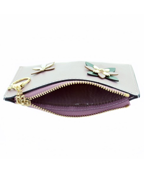 Flower Faux Leather Zip Card Case