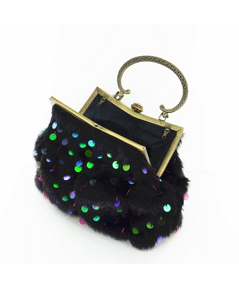 Faux Fur Sequin Embroidery Clutch