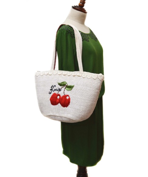 Cherry Embroidered Straw Tote