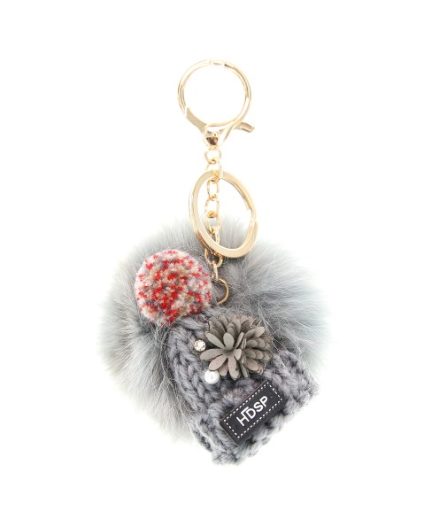 Knit Hat With Genuine Rabbit Fur Pompom Key Chain