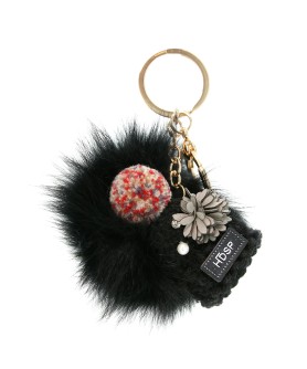 Knit Hat With Genuine Rabbit Fur Pompom Key Chain