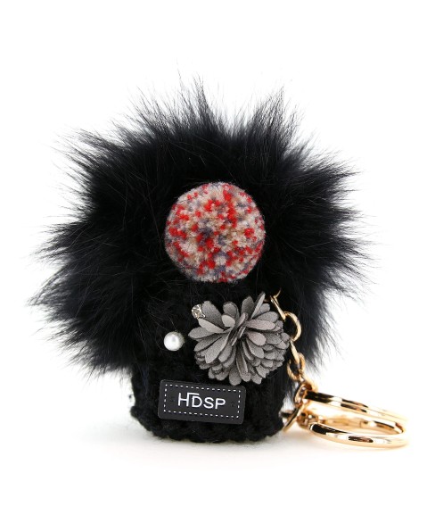 Knit Hat With Genuine Rabbit Fur Pompom Key Chain