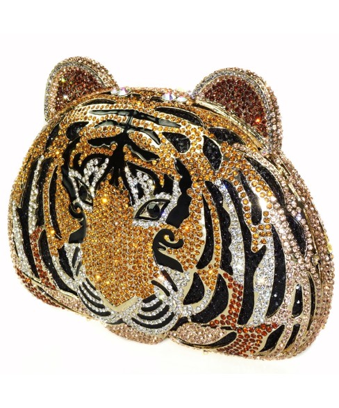 Crystal-Embellished Tiger Head Evening Clutch