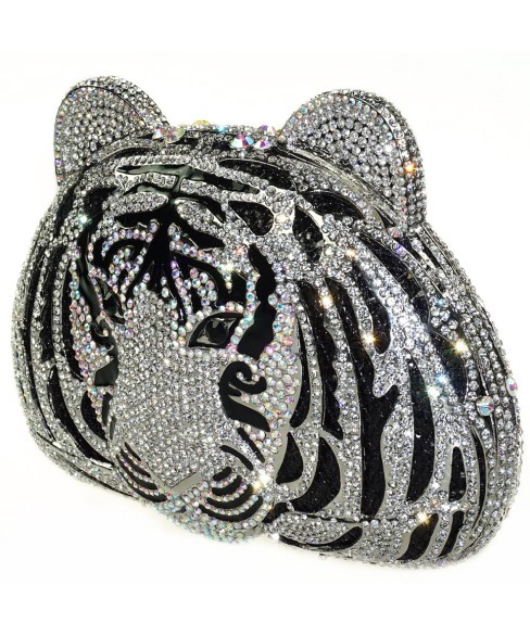 Crystal-Embellished Tiger Head Evening Clutch