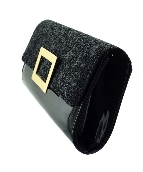 Glitter & Buckle Faux Patent Leather Clutch