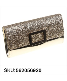 Glitter & Buckle Faux Patent Leather Clutch