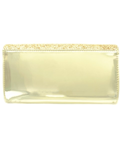 Glitter & Buckle Faux Patent Leather Clutch