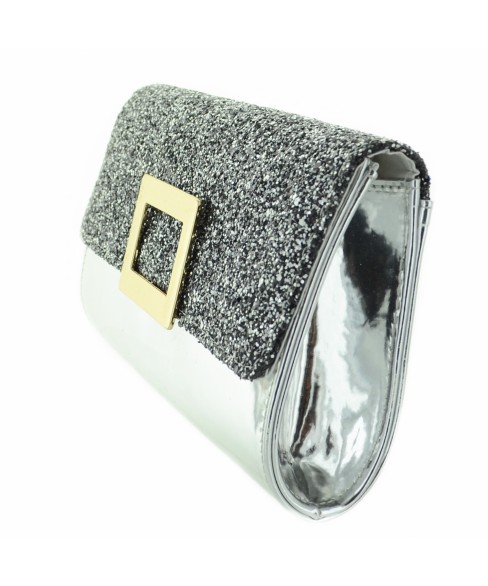 Glitter & Buckle Faux Patent Leather Clutch