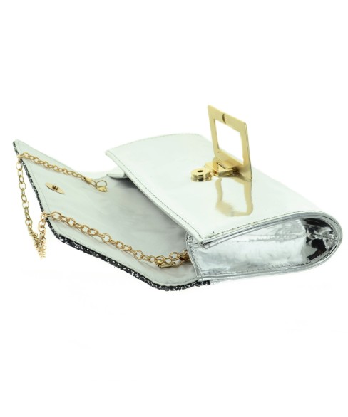 Glitter & Buckle Faux Patent Leather Clutch