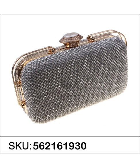 Crystal Top Crystal-dotted Metal Mesh Clutch