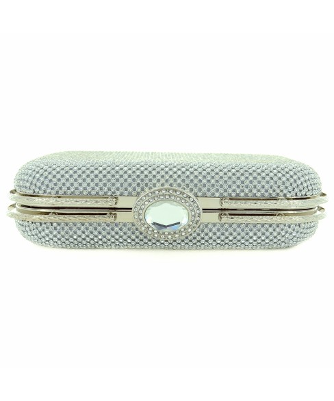 Crystal Top Crystal-dotted Metal Mesh Clutch