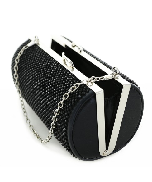 Women Rhinestone Crystal Mesh Cylinder Clutch Bag