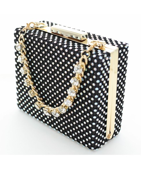 Rhinestone-Embellished Crystal Handle Box Clutch